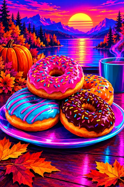 A close-up view of a diamond painting depicting colorful donuts on a plate, glowing with magenta and cyan neon lights against a backdrop of rich autum