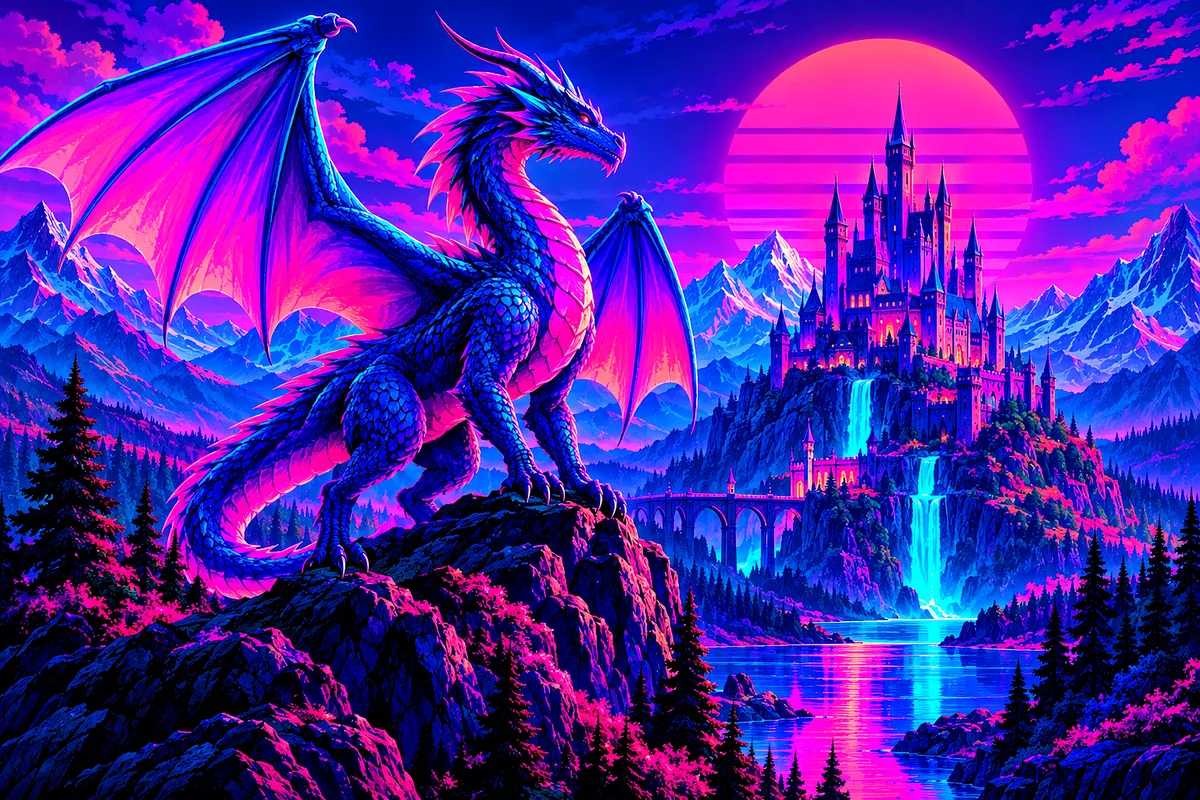 Retro synthwave style diamond painting featuring a majestic glowing magenta and cyan dragon flying over a mountain castle, in a wide landscape composi