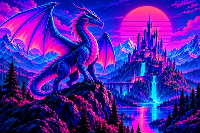 Retro synthwave style diamond painting featuring a majestic glowing magenta and cyan dragon flying over a mountain castle, in a wide landscape composi