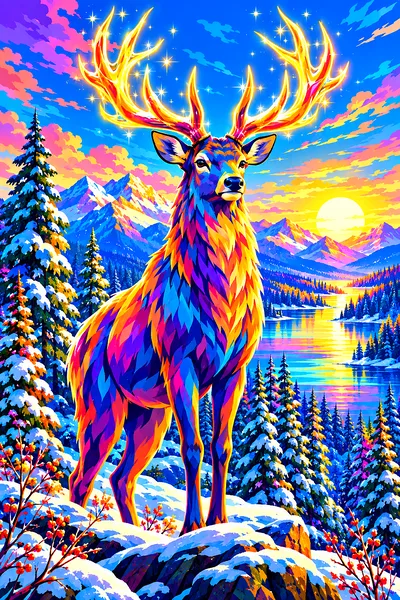 A bold pop art illustration of a majestic stag with glowing, electric neon antlers, set against a sparkling winter day, on a portrait diamond painting