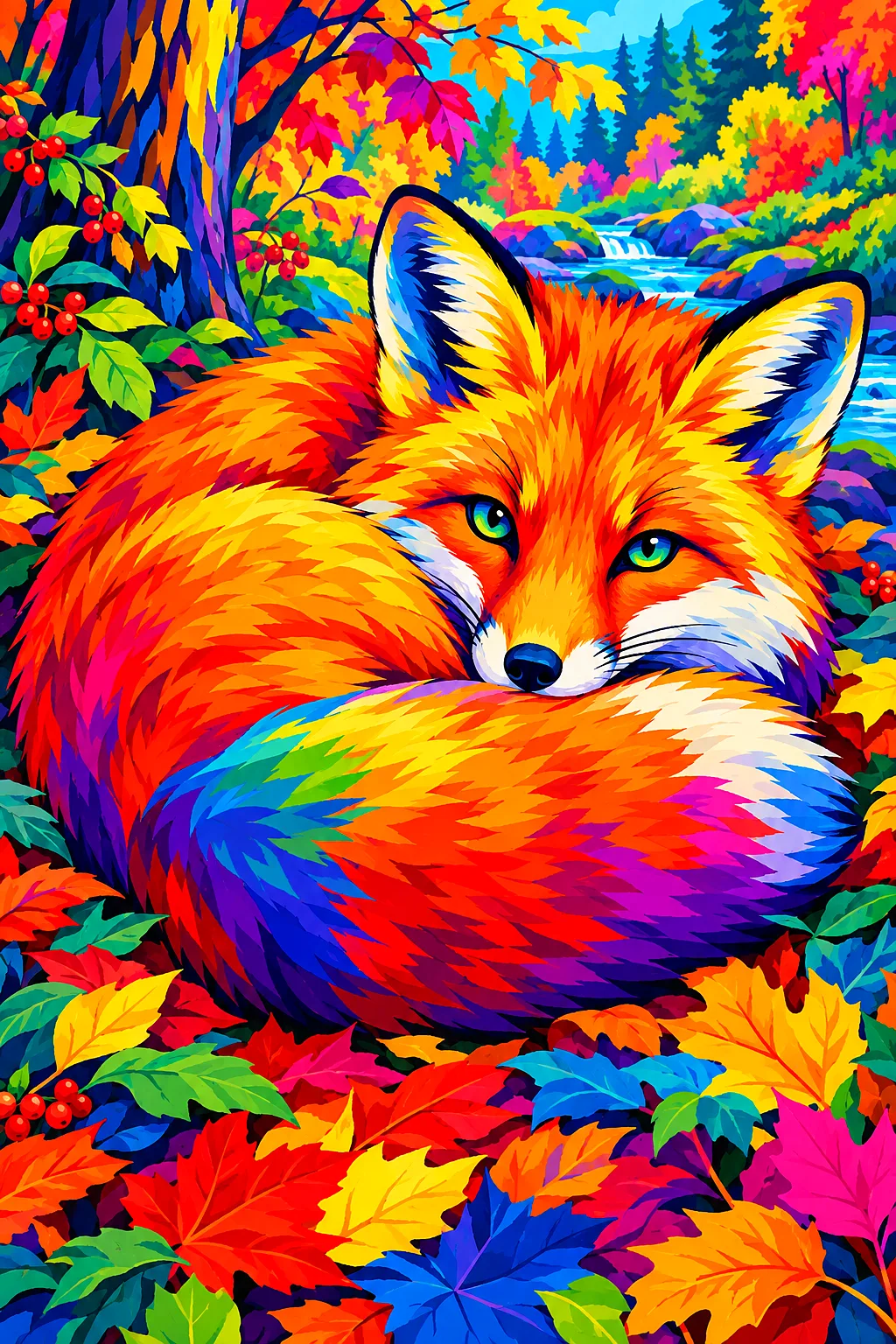 Bold pop art style diamond painting of a fox curled up in a pile of fallen leaves, rendered in electric neon rainbow colors against a dark background,