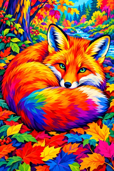 Bold pop art style diamond painting of a fox curled up in a pile of fallen leaves, rendered in electric neon rainbow colors against a dark background,
