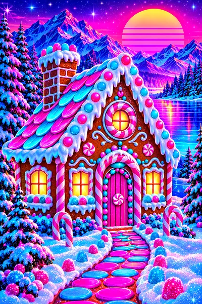 A retro 1980s synthwave diamond painting depicting a gingerbread house with candy decorations glowing in magenta and cyan neon light on a sparkling wi