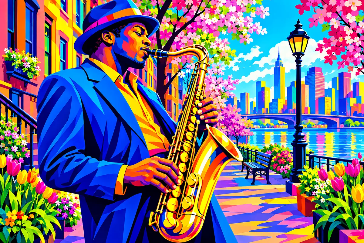 A bold pop art illustration of a jazz musician playing a saxophone on a city street, rendered in electric neon colors and clean shapes on a landscape