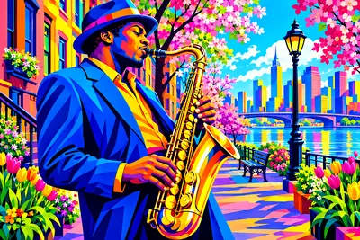 A bold pop art illustration of a jazz musician playing a saxophone on a city street, rendered in electric neon colors and clean shapes on a landscape