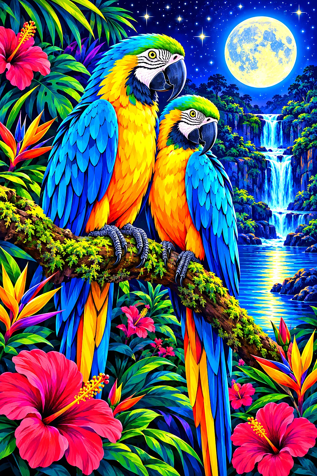 A bold, pop art style diamond painting of two brightly colored parrots in a neon-hued jungle under a starry, moonlit sky. The colors are electric and