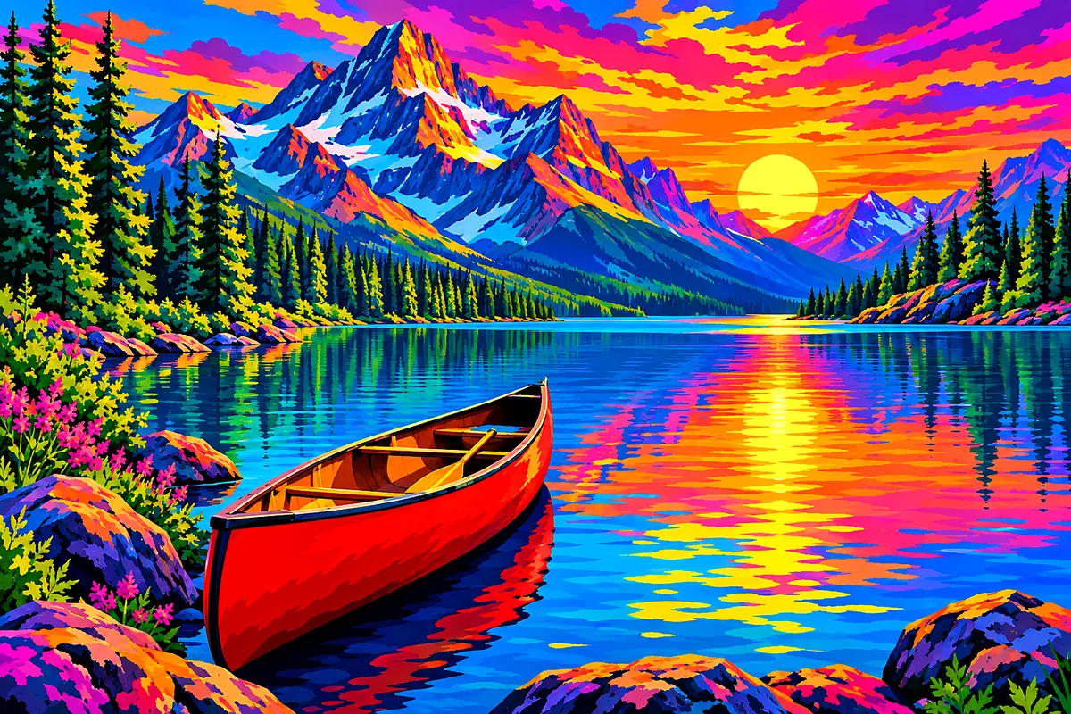 Pop art illustration of a national park mountain lake with a canoe under a vivid, electric neon sunset sky in a landscape orientation.