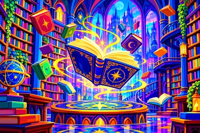 A bold pop art diamond painting kit of a wide, scenic magical library with electric neon colors. Books in various sizes and shapes float above and bet