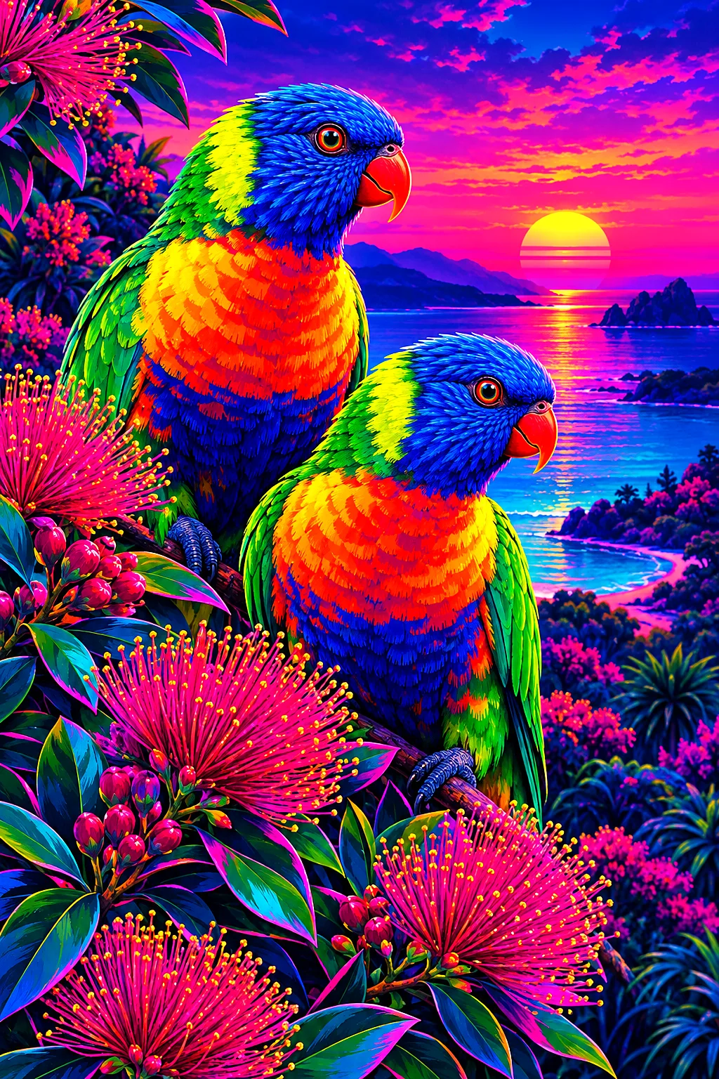 Two rainbow lorikeets perched on glowing magenta and cyan flowers against a jewel-toned twilight sky, in a retro 1980s synthwave art style.