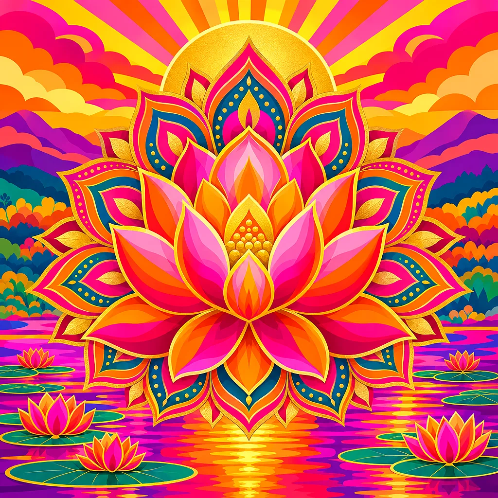 Close-up view of a completed neon lotus mandala diamond painting with bold pop art illustration, electric pink, orange, and gold colors, and sparkling