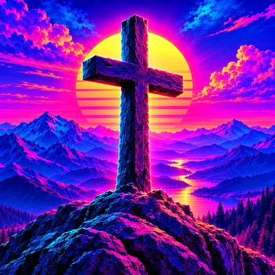 Close-up diamond painting of a mountain cross silhouetted against a retro 1980s synthwave sunrise with glowing magenta and cyan neon light.