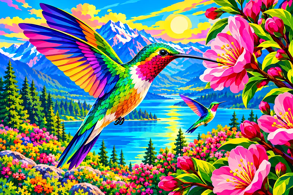 Bold pop art style diamond painting kit featuring a landscape scene of hummingbirds drinking nectar from electric neon spring blossoms.