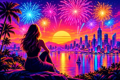 Retro 1980s synthwave diamond painting of new year fireworks exploding over a city skyline at dawn in pink, orange, and gold.