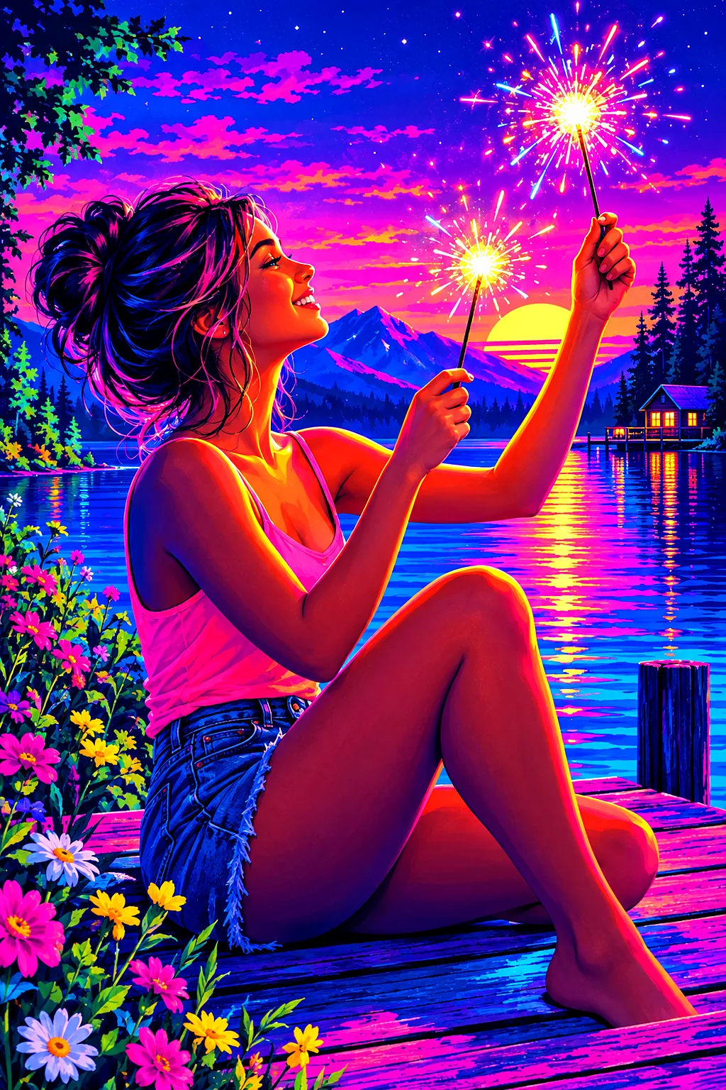 A retro 1980s synthwave style portrait diamond painting with glowing magenta and cyan neon sparklers against a bright spring-colored night sky.