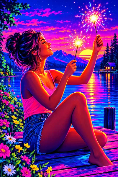 A retro 1980s synthwave style portrait diamond painting with glowing magenta and cyan neon sparklers against a bright spring-colored night sky.