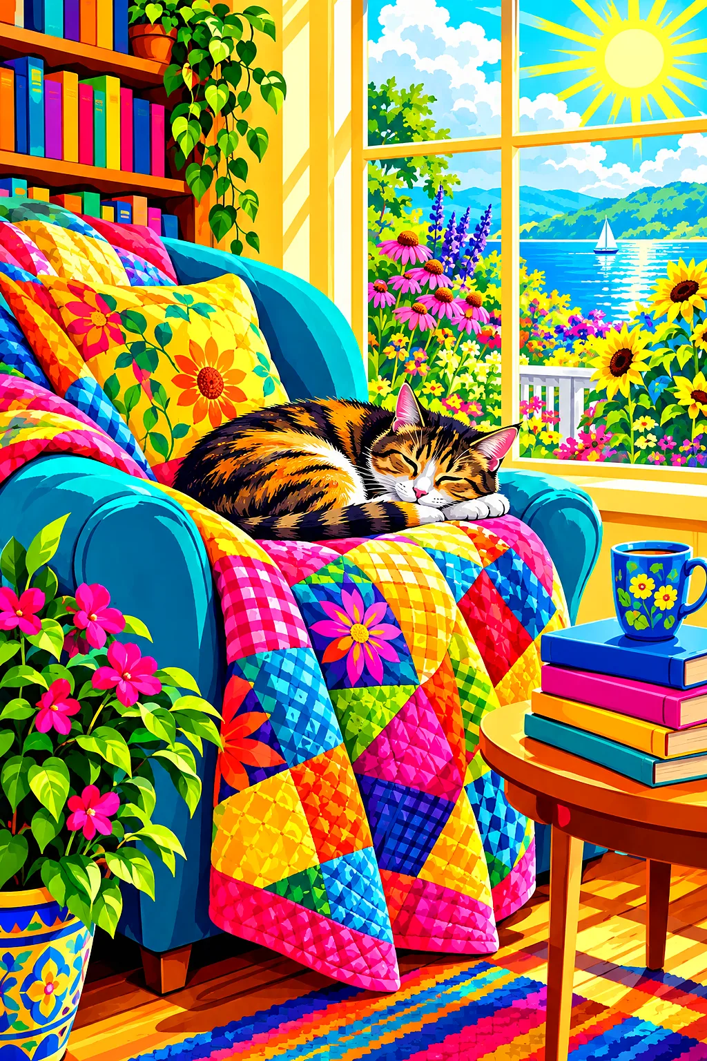 Portrait diamond painting kit of a cozy reading nook with a quilt, a cat, and a book, illustrated in a bold pop art style with electric neon colors un