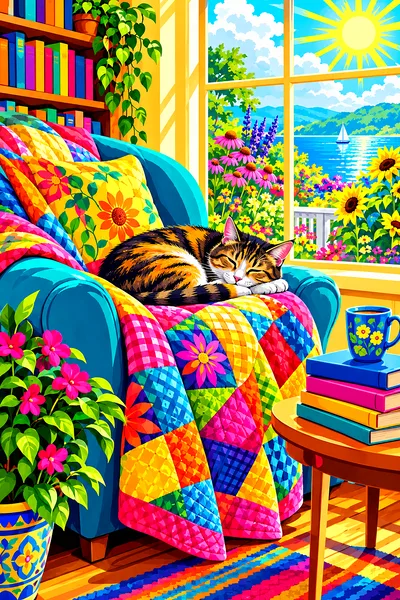 Portrait diamond painting kit of a cozy reading nook with a quilt, a cat, and a book, illustrated in a bold pop art style with electric neon colors un
