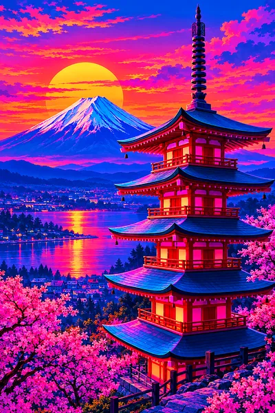 A five-story red pagoda with glowing magenta and cyan neon lights under a sunset, with a snowy mountain behind it.