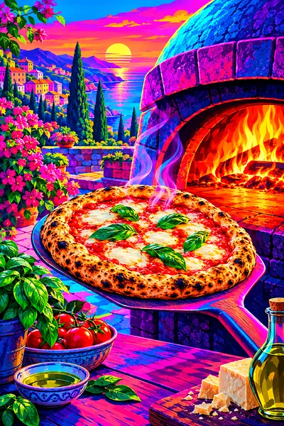 Retro 1980s synthwave artwork of a pizza fresh from a stone oven, glowing with magenta and cyan neon lights against bright spring colors, in a portrai