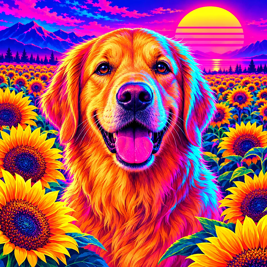 Close-up portrait of a golden retriever in a field of sunflowers, illuminated by glowing magenta and cyan neon light in a retro 1980s synthwave art st