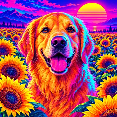 Close-up portrait of a golden retriever in a field of sunflowers, illuminated by glowing magenta and cyan neon light in a retro 1980s synthwave art st