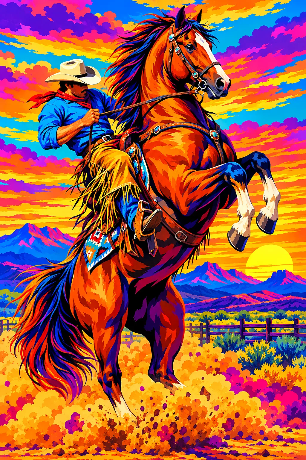 Bold pop art illustration of a rodeo horse rearing up in dust, with electric neon colors against a vivid sunset sky, in a portrait orientation diamond