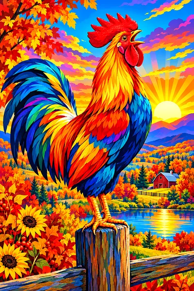 Portrait diamond painting of a rooster crowing at sunrise in bold pop art style with electric neon colors and rich autumn tones.