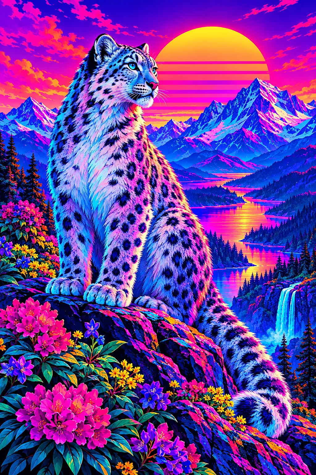 Portrait diamond painting of a snow leopard on a rocky cliff, surrounded by colorful flowers, glowing with magenta and cyan neon light.