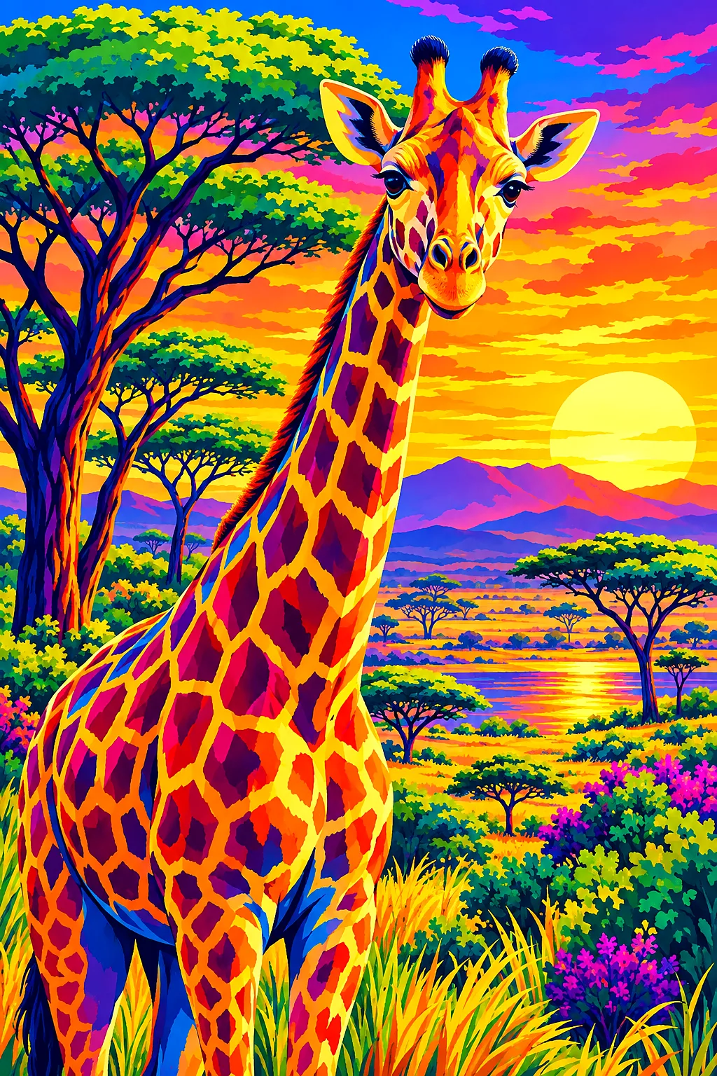Bold pop art illustration of a giraffe with electric neon colors among acacia trees in warm golden hour light on a portrait canvas.