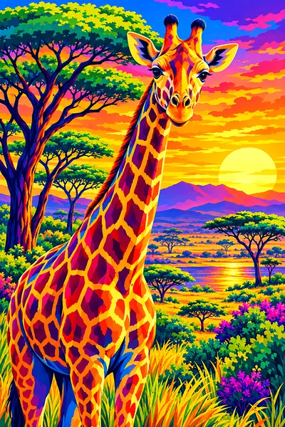 Bold pop art illustration of a giraffe with electric neon colors among acacia trees in warm golden hour light on a portrait canvas.