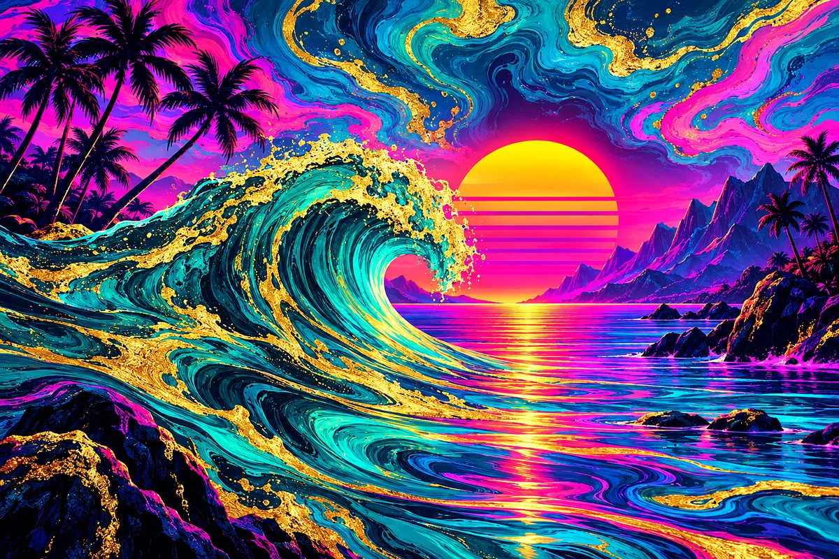 A wide landscape diamond painting depicting fluid art in swirling teal and gold, accented with glowing magenta and cyan neon lights in a retro synthwa