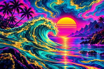 A wide landscape diamond painting depicting fluid art in swirling teal and gold, accented with glowing magenta and cyan neon lights in a retro synthwa