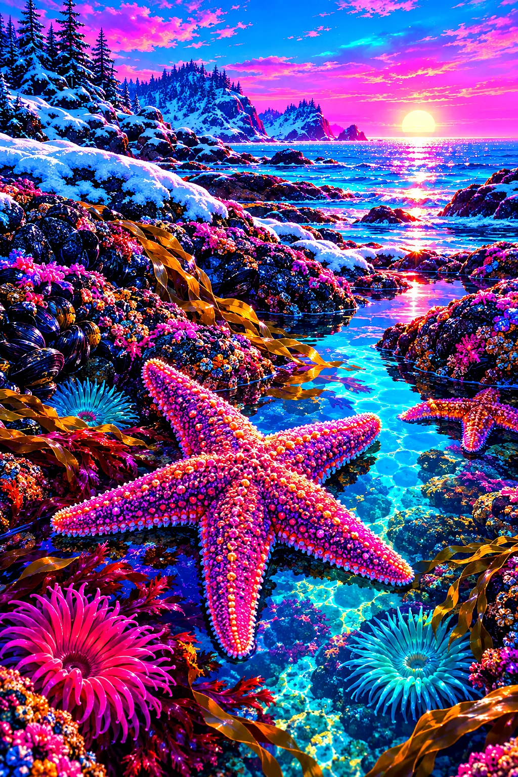 Retro 1980s synthwave diamond painting of glowing magenta and cyan neon tide pools with sea stars on a sparkling winter day, portrait orientation.
