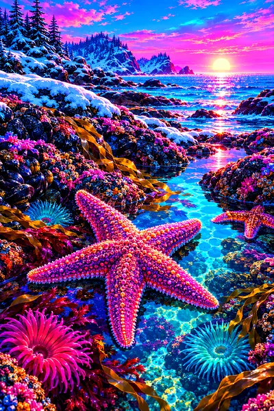 Retro 1980s synthwave diamond painting of glowing magenta and cyan neon tide pools with sea stars on a sparkling winter day, portrait orientation.