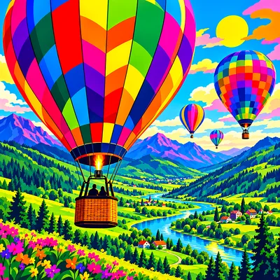Close-up square pop art diamond painting kit of multiple hot air balloons in electric neon colors ascending over a lush green valley.