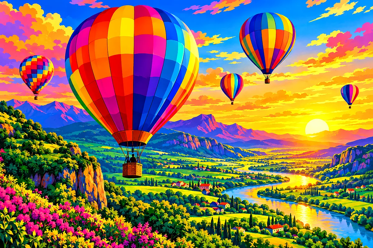 Bold pop art illustration of neon hot air balloons ascending over a glowing green valley at golden hour, with warm light and clean shapes.
