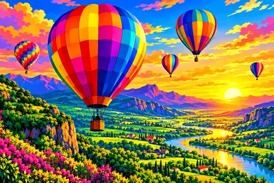 Bold pop art illustration of neon hot air balloons ascending over a glowing green valley at golden hour, with warm light and clean shapes.