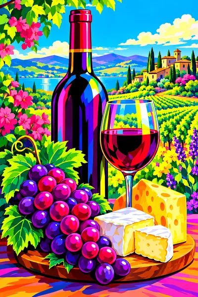 Portrait diamond painting kit featuring a bold pop art illustration of a wine bottle, green grapes, and cheese in electric neon colors on a bright spr