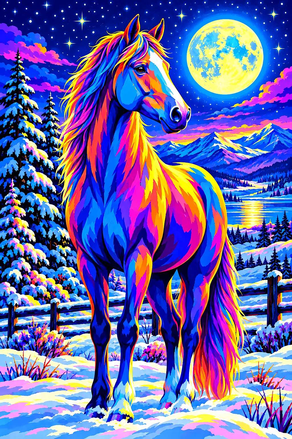 Bold pop art illustration of a horse in electric neon colors standing in a snowy winter pasture under moonlight and stars, in a portrait orientation.