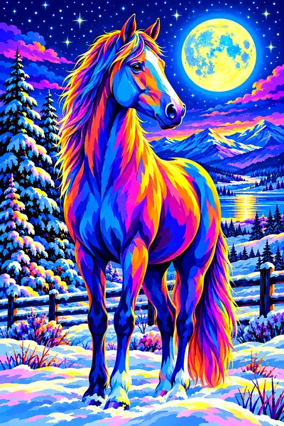 Bold pop art illustration of a horse in electric neon colors standing in a snowy winter pasture under moonlight and stars, in a portrait orientation.