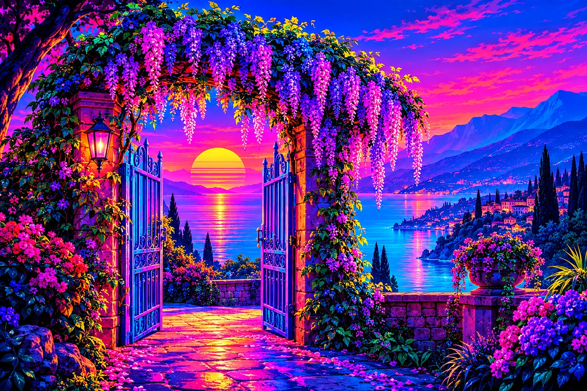 Wide landscape view of a garden gate covered in glowing magenta and cyan neon wisteria in a retro synthwave art style.