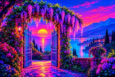 Wide landscape view of a garden gate covered in glowing magenta and cyan neon wisteria in a retro synthwave art style.