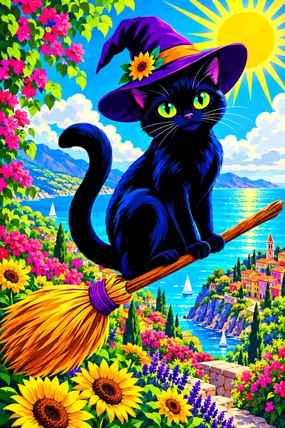 Bold pop art illustration of a black cat with electric neon outlines flying on a broom against a bright sunny blue sky, in a portrait orientation diam