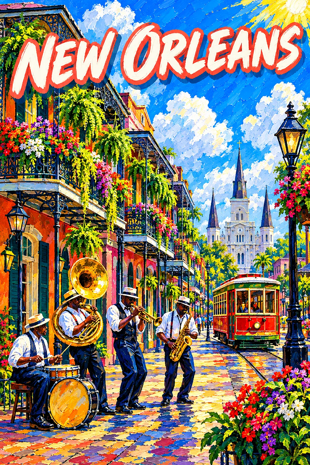 Portrait diamond painting of a New Orleans French Quarter street with wrought-iron balconies, ferns, flowers, a brass band, and a streetcar under a vi