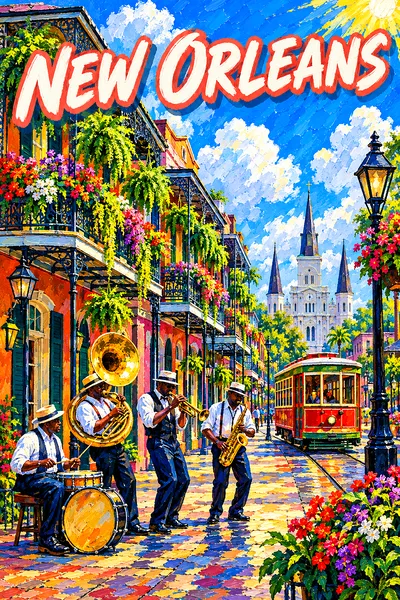 Portrait diamond painting of a New Orleans French Quarter street with wrought-iron balconies, ferns, flowers, a brass band, and a streetcar under a vi