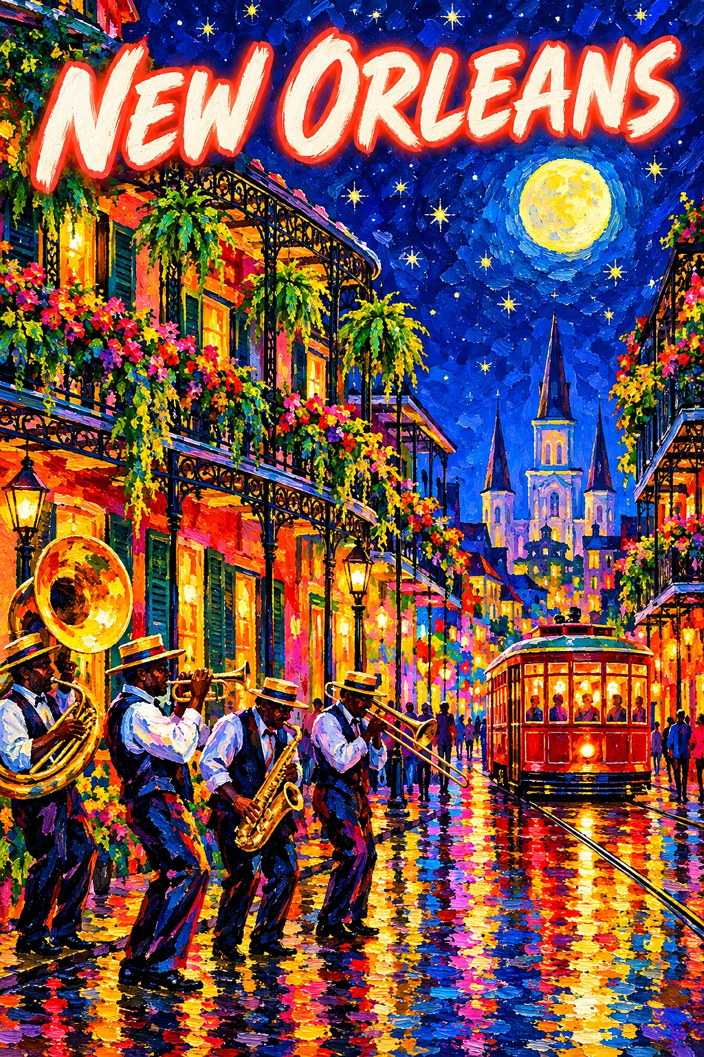 A portrait-oriented diamond painting kit depicting a New Orleans street at night with wrought-iron balconies, a brass band, streetcar, glowing moon, a