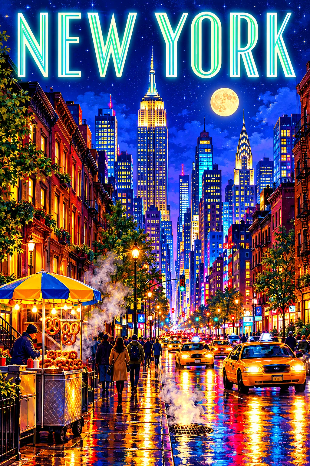 Portrait diamond painting of a bustling city street at night with yellow taxis, glowing skyscrapers, a hot pretzel cart, and a bright moon.