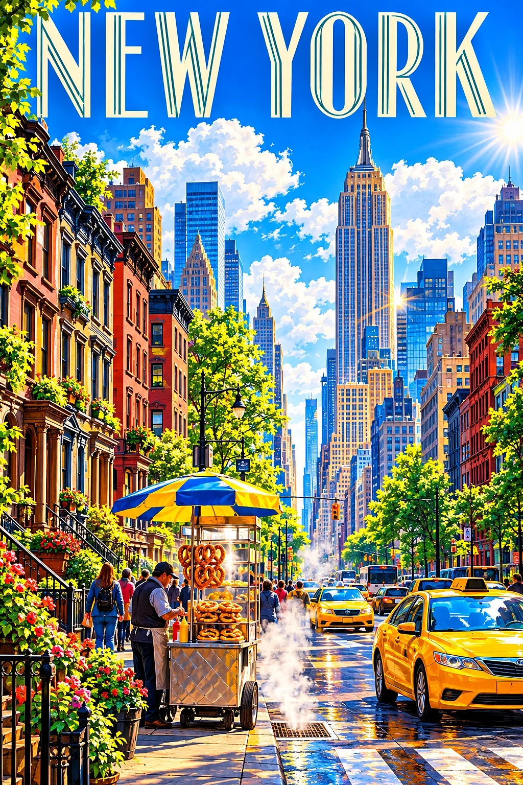 Portrait diamond painting of a bustling New York City avenue with brownstones, art deco skyscrapers, yellow taxis, a hot pretzel cart, steam, a vivid