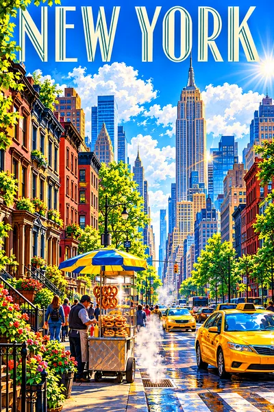Portrait diamond painting of a bustling New York City avenue with brownstones, art deco skyscrapers, yellow taxis, a hot pretzel cart, steam, a vivid