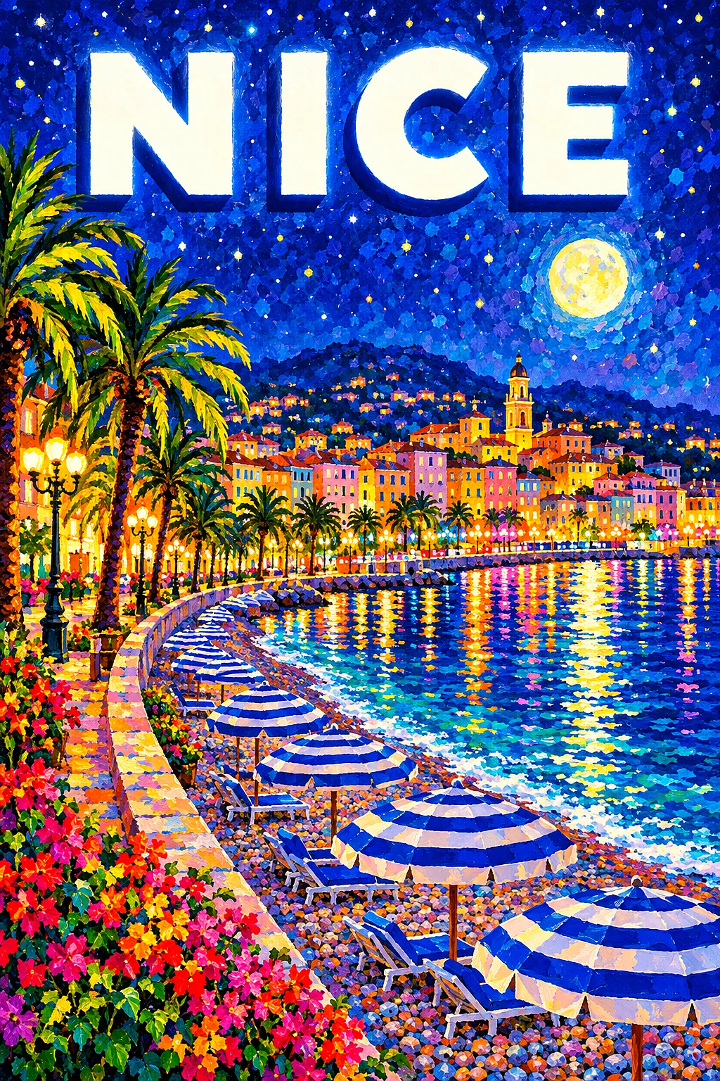 Portrait view of a completed diamond painting depicting a vibrant, impressionistic night scene of Nice, France, with a starry indigo sky, glowing moon